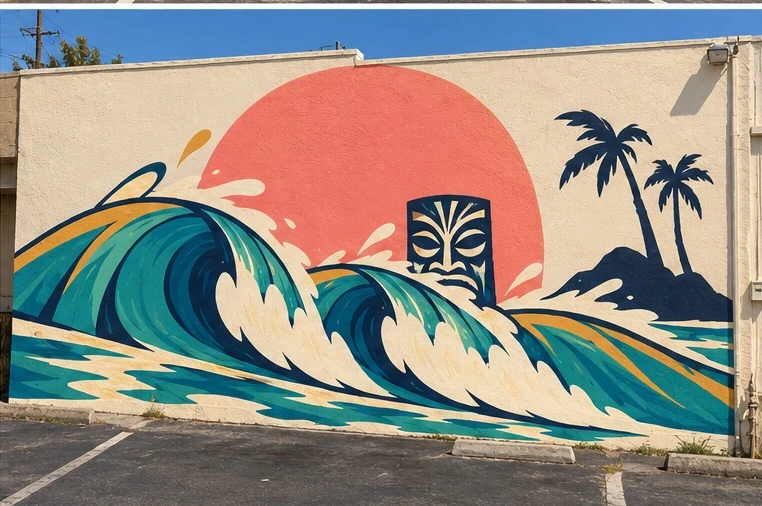 Island Double Set mural visualization with palms and a tucked sun