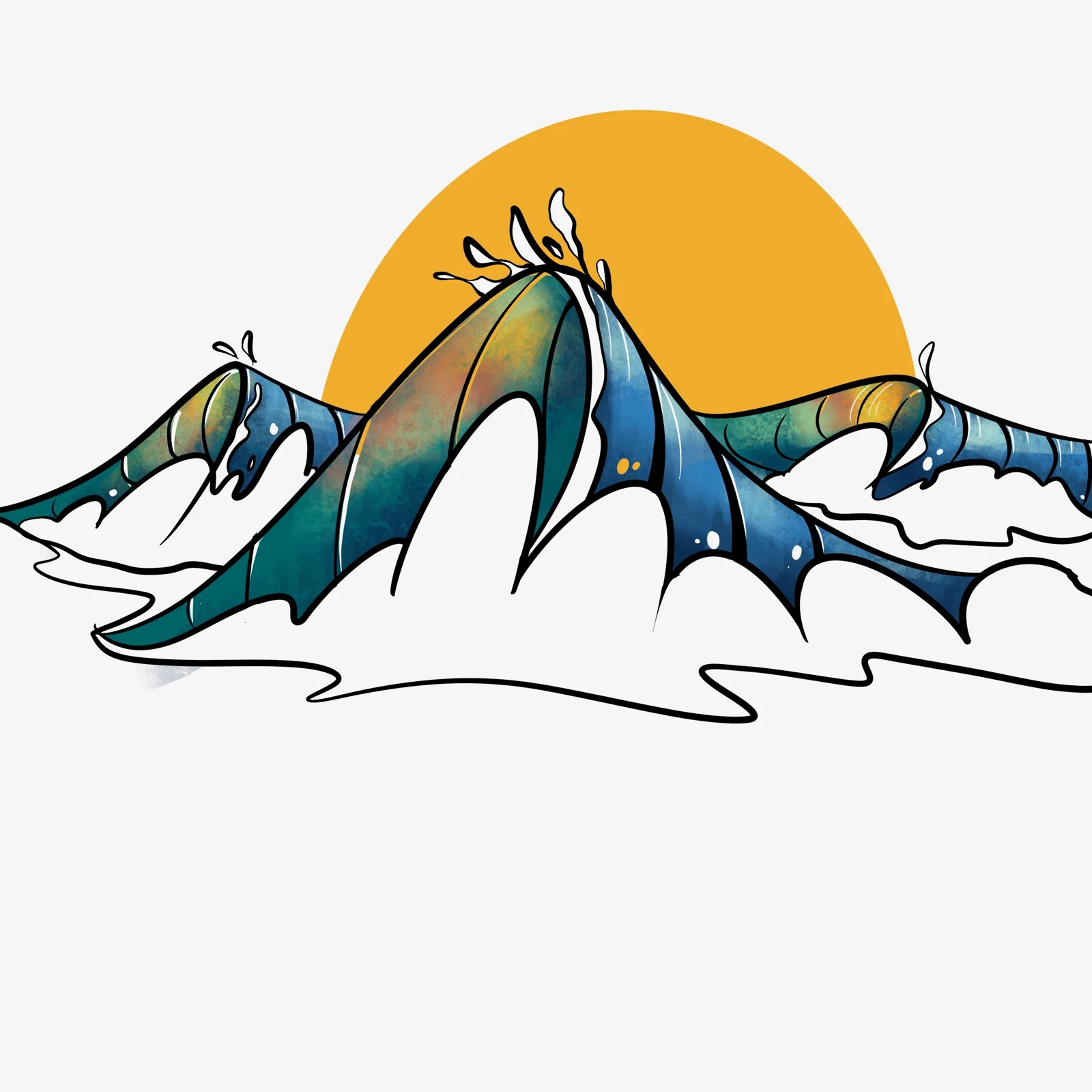 Joshua Webb’s three illustrated waves with a golden sun